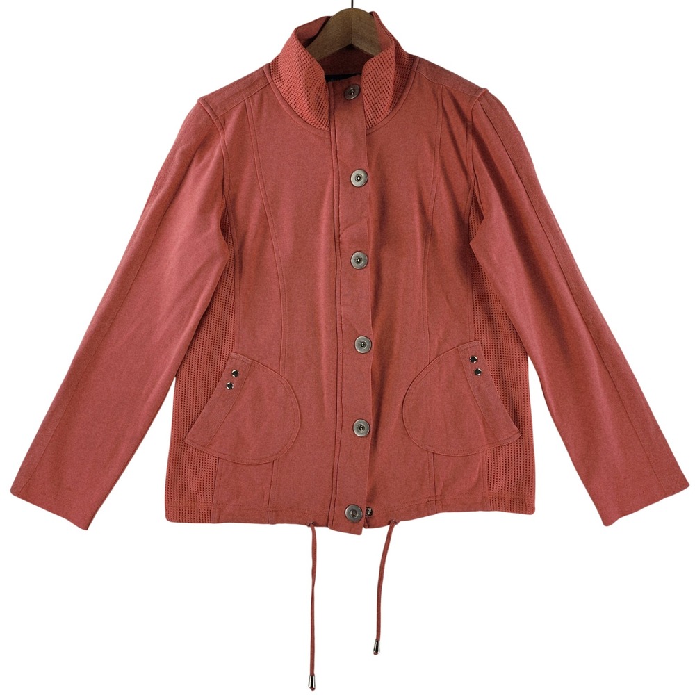 Orly Sport Jacket Womens Medium Coral Pink Mesh Panel 100% Cotton Full Button